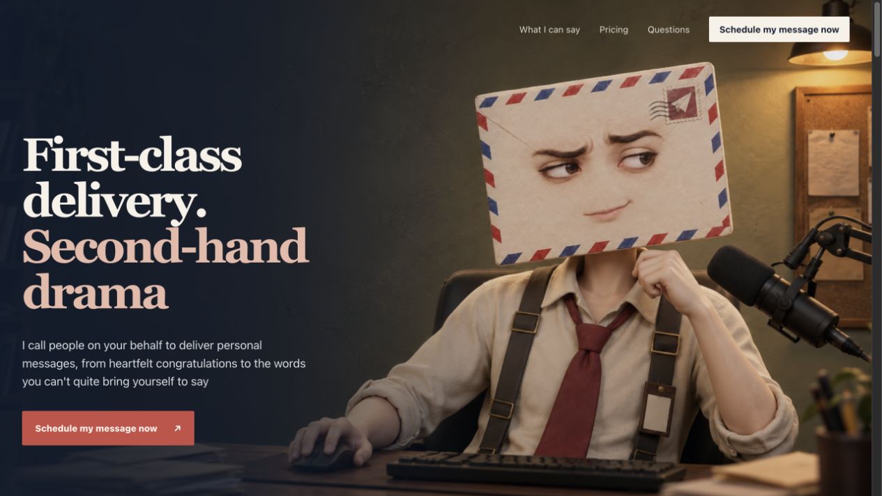 Somebody Sent Me’s homepage with its envelope-headed messenger